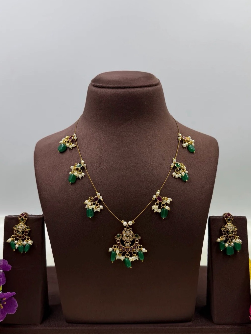 Green Stone Gold-Tone Floral Necklace Set - Women Jewelry